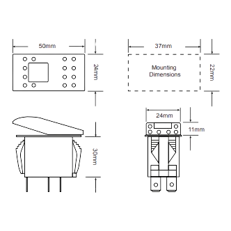 Carling illuminated rocker switch showing six blade terminals for DPST wiring
