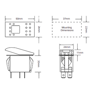 Carling illuminated rocker switch showing six blade terminals for DPST wiring