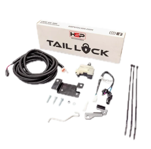 HSP Tail Lock kit for Ford Next Gen Ranger and Raptor: actuator, wiring harness, mounting bracket, hardware and cable ties