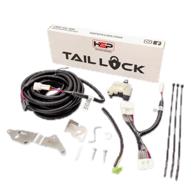 HSP Tail Lock kit for GWM Haval Cannon: actuator, wiring harness, mounting brackets, hardware and cable ties