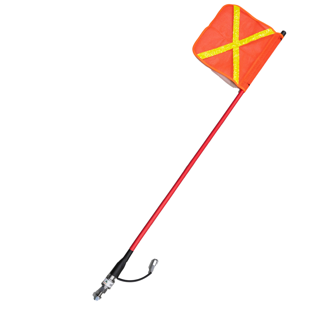 The whip shown full length at an angle, safety flag at the top and the quick-release base with its short lead and connector at the bottom