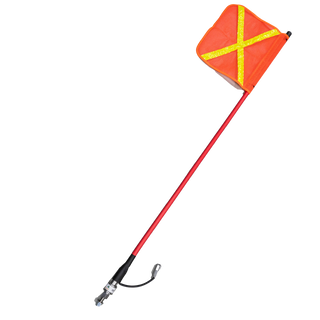 The whip shown full length at an angle, safety flag at the top and the quick-release base with its short lead and connector at the bottom