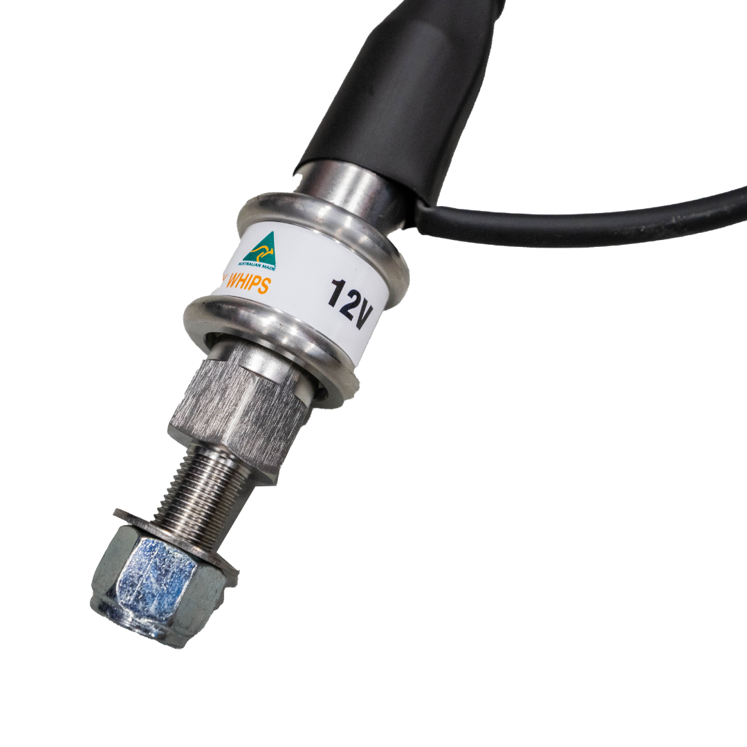 Close-up of the whip base, the stainless quick-release collar carrying an Australian Made kangaroo logo and 12V marking, above the threaded mounting stud and lock nut