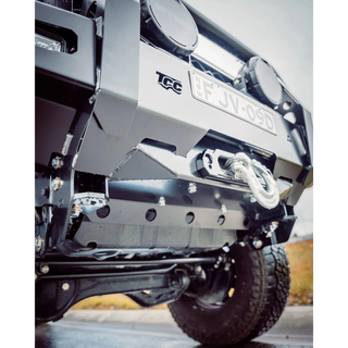 Close-up of a vehicle's front bumper with TCC branding and license plate – TCC 70 Series Single Cab Bull Bar - Facelift (2024 - Present)