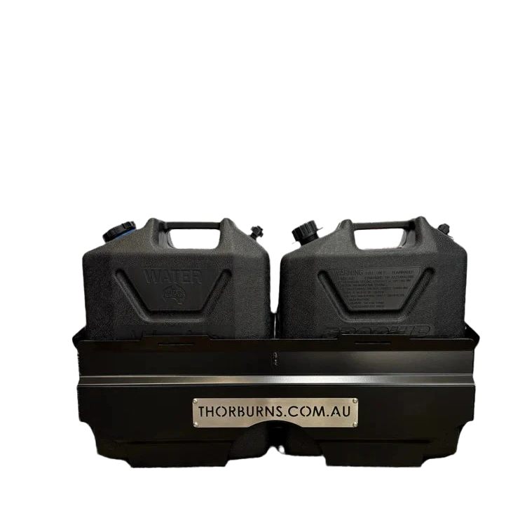 Two black fuel cans in a black Thorburns Dual Jerry Can Holder Accessory