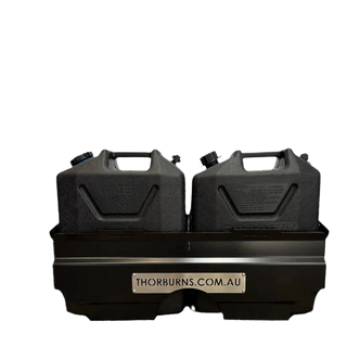 Two black fuel cans in a black Thorburns Dual Jerry Can Holder Accessory