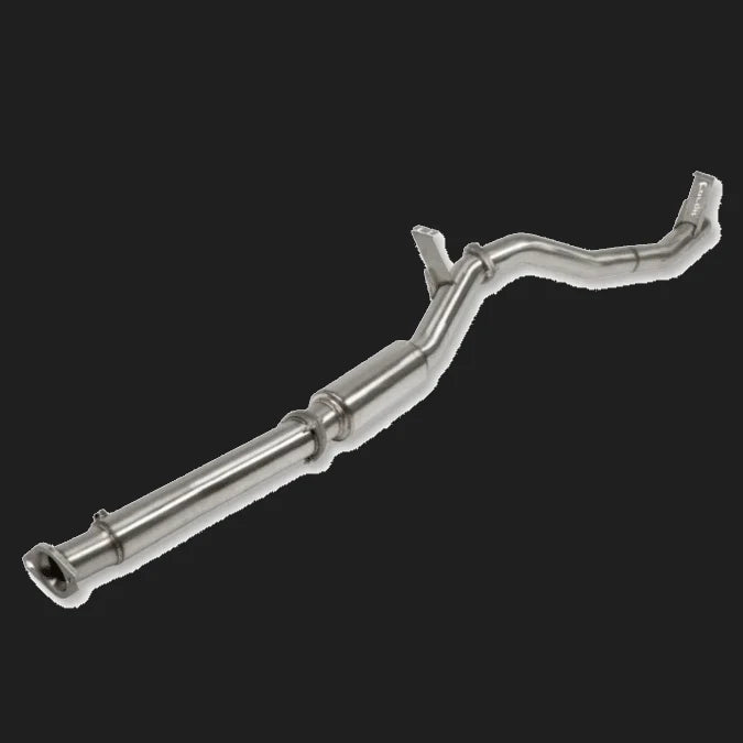 Metallic exhaust pipe on a white background – Torqit 3.5″ Single Exit DPF Back Exhaust 76 Series 4.5L Toyota Landcruiser 08/2016+