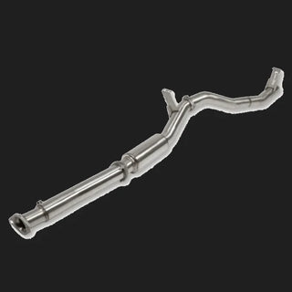Metallic exhaust pipe on a white background – Torqit 3.5″ Single Exit DPF Back Exhaust 76 Series 4.5L Toyota Landcruiser 08/2016+