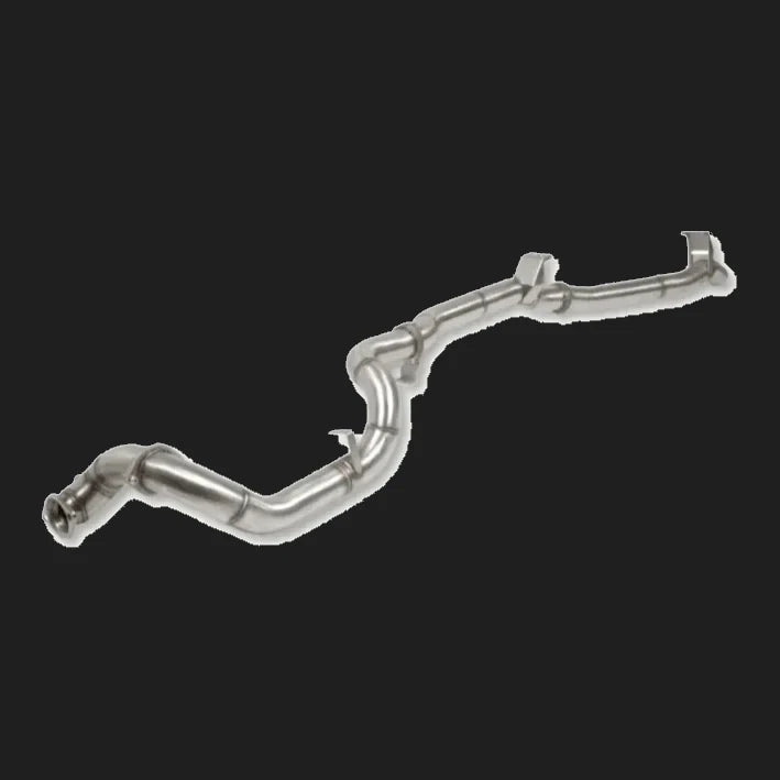 Metallic exhaust pipe system on a white background – Torqit 3.5″ Single Exit DPF Back Exhaust 78 Series 4.5L Toyota Landcruiser 08/2016+