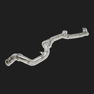 Metallic exhaust pipe system on a white background – Torqit 3.5″ Single Exit DPF Back Exhaust 78 Series 4.5L Toyota Landcruiser 08/2016+
