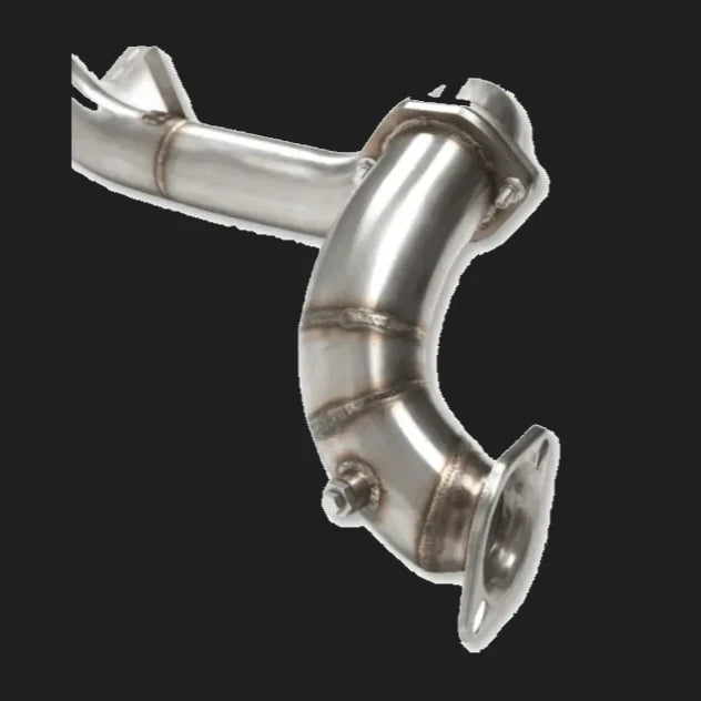 Metallic exhaust pipe on a white background – Torqit 3.5″ Single Exit DPF Back Exhaust 78 Series 4.5L Toyota Landcruiser 08/2016+