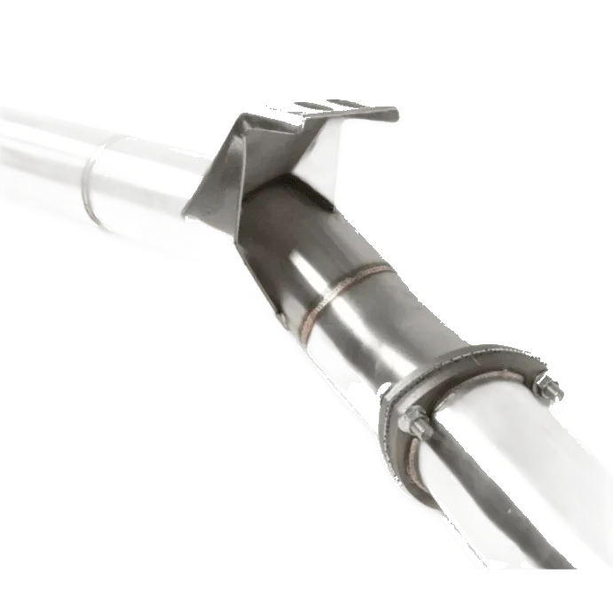 Close-up of a metallic exhaust pipe with a white background – Torqit 3.5″ Single Exit DPF Back Exhaust 78 Series 4.5L Toyota Landcruiser 08/2016+