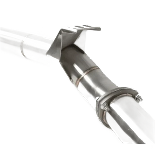 Close-up of a metallic exhaust pipe with a white background – Torqit 3.5″ Single Exit DPF Back Exhaust 78 Series 4.5L Toyota Landcruiser 08/2016+