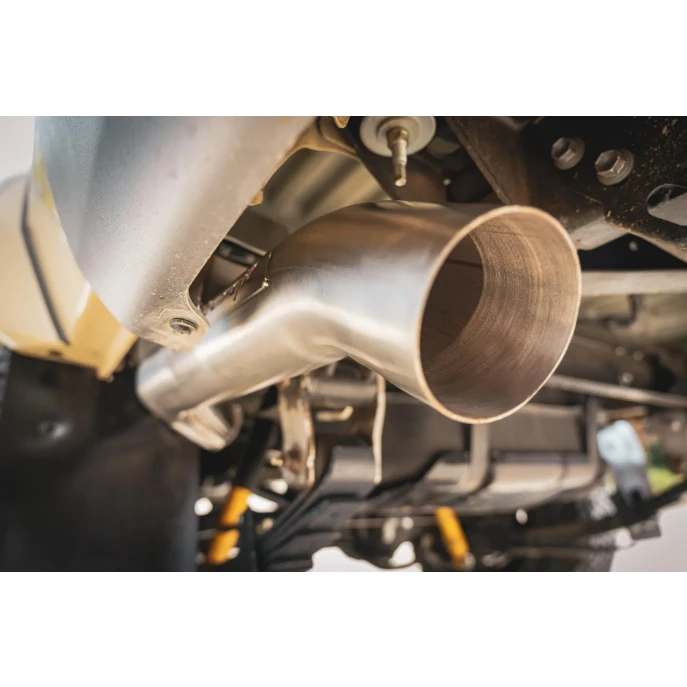 Close-up of Torqit 3.5″ Single Exit DPF Back Exhaust 78 Series 4.5L Toyota Landcruiser 08/2016+
