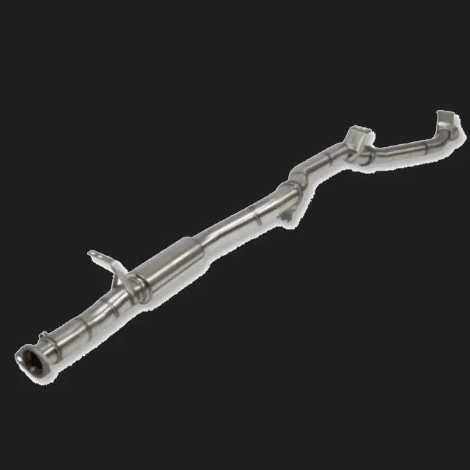 Metallic exhaust pipe on a white background – Torqit 3.5″ Single Exit DPF Back Exhaust 79 Series Dual Cab 4.5L Toyota Landcruiser 08/2016+