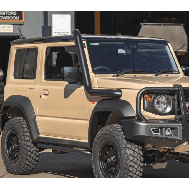 Beige Suzuki Jimny with snorkel, roof rack and bumper fitted – Torqit 3.5" Stainless Steel Snorkel (Matte Black) for Suzuki Jimny (JB74 / JC74 XL)
