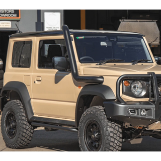 Beige Suzuki Jimny with snorkel, roof rack and bumper fitted – Torqit 3.5" Stainless Steel Snorkel (Matte Black) for Suzuki Jimny (JB74 / JC74 XL)