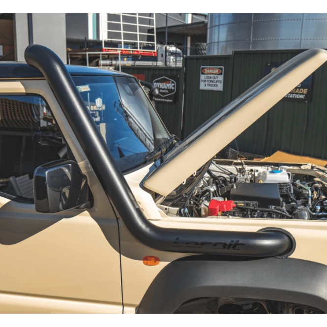 Beige Suzuki Jimny with snorkel fitted outdoors – Torqit 3.5" Stainless Steel Snorkel (Matte Black) for Suzuki Jimny (JB74 / JC74 XL)