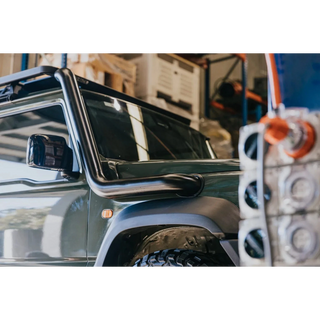Snorkel body fitted alongside the A-pillar – Torqit 3.5" Stainless Steel Snorkel (Matte Black) for Suzuki Jimny (JB74 / JC74 XL)