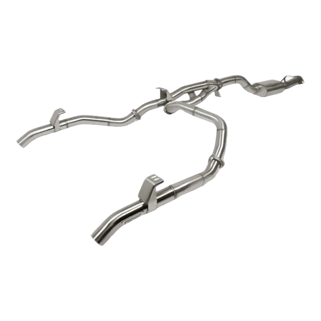 Metallic exhaust pipe system on a white background – Torqit 3.5" to 3″ Twin Exit DPF Back Exhaust 79 Series 4.5L Toyota Landcruiser Dual Cab 2016-09/2023