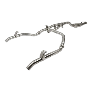 Metallic exhaust pipe system on a white background – Torqit 3.5" to 3″ Twin Exit DPF Back Exhaust 79 Series 4.5L Toyota Landcruiser Dual Cab 2016-09/2023