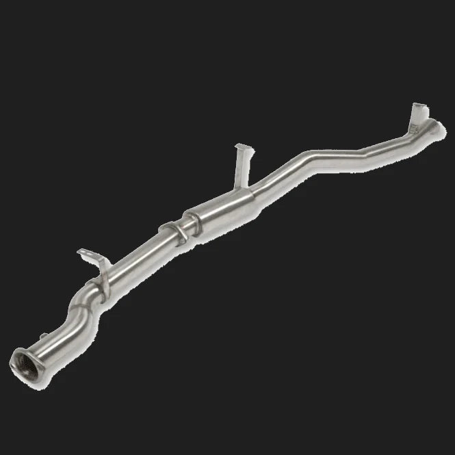 Metallic exhaust pipe on a white background – Torqit 3″ Single Exit DPF Back Exhaust 76 Series 4.5L Toyota Landcruiser 08/2016+