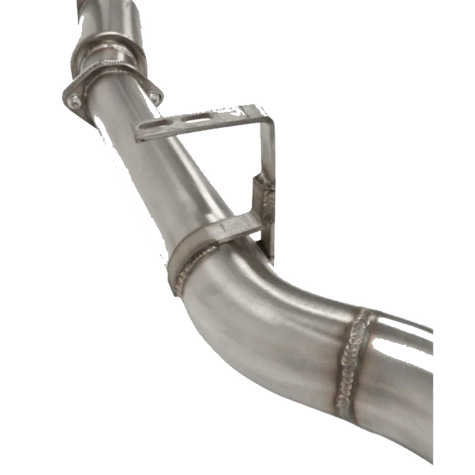 Metal exhaust pipe with a bracket on a white background – Torqit 3″ Single Exit DPF Back Exhaust 76 Series 4.5L Toyota Landcruiser 08/2016+