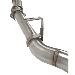 Metal exhaust pipe with a bracket on a white background – Torqit 3″ Single Exit DPF Back Exhaust 76 Series 4.5L Toyota Landcruiser 08/2016+