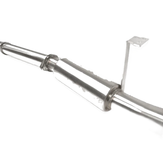 Metal exhaust pipe with mounting bracket on a white background – Torqit 3″ Single Exit DPF Back Exhaust 76 Series 4.5L Toyota Landcruiser 08/2016+