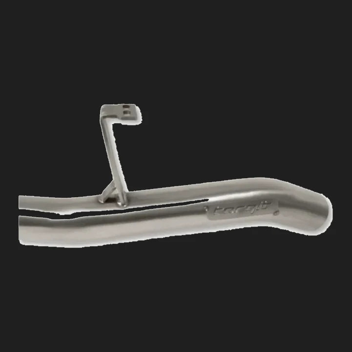 Metal exhaust pipe with a brand logo on a white background – Torqit 3″ Single Exit DPF Back Exhaust 76 Series 4.5L Toyota Landcruiser 08/2016+