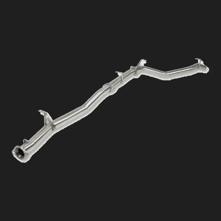 Metallic exhaust pipe on a white background – Torqit 3″ Single Exit DPF Back Exhaust 79 Series 4.5L Toyota Landcruiser Single Cab 2016-09/2023