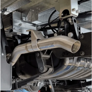 Close-up of the exhaust with Torqit branding – Torqit 3″ Single Exit DPF Back Exhaust 79 Series 4.5L Toyota Landcruiser Single Cab 2016-09/2023