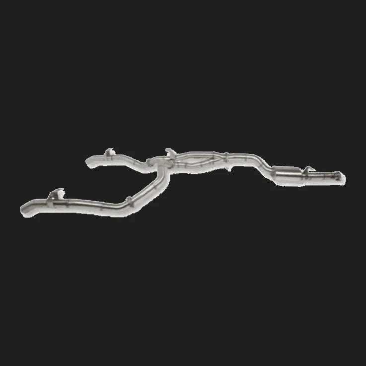 Metallic exhaust pipe on a white background – Torqit 3.5" to 3″ Twin Exit DPF Back Exhaust 79 Series 4.5L Toyota Landcruiser Single Cab 2016-09/2023
