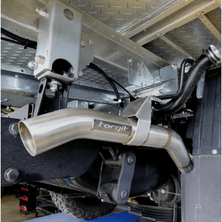Torqit twin exit DPF back exhaust fitted to a 79 Series Toyota Landcruiser, close-up of the Torqit branding