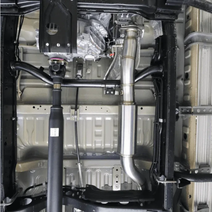 Underside view of a Torqit twin exit DPF back exhaust fitted beneath a 79 Series Toyota Landcruiser