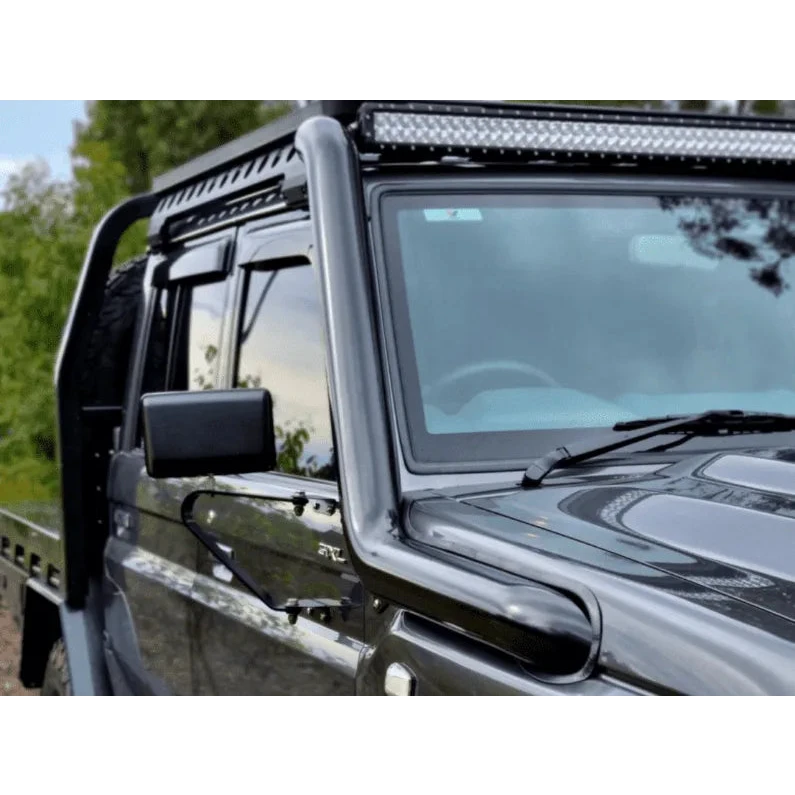 79 Series Landcruiser with snorkel, roof rack and driving lights fitted – Torqit 4" Stainless Steel Snorkel (Matte Black) for Toyota 79 Series Landcruiser