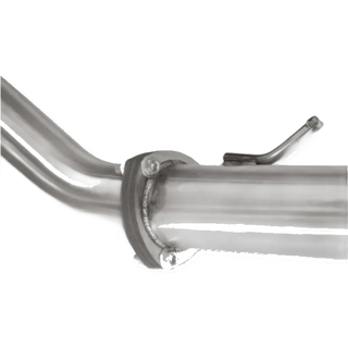 Close-up of a metal exhaust pipe with a clamp on a white background – Torqit DPF Back 3″ Performance Exhaust for Next-Gen 3.0L V6 Ford Ranger 2022+