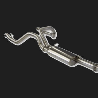 Stainless cat-back exhaust laid out, showing the front pipe bending over the rear axle, the twin-inlet Y section and the main muffler with its hangers