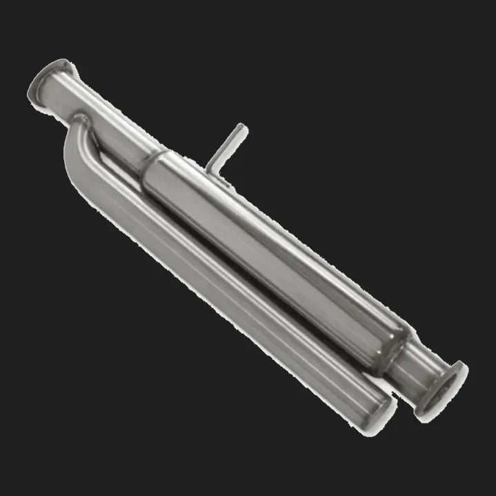 Stainless rear muffler section with twin outlet pipes running back from a single inlet flange, polished finish with a welded hanger rod