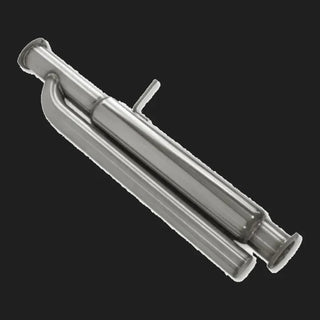 Stainless rear muffler section with twin outlet pipes running back from a single inlet flange, polished finish with a welded hanger rod