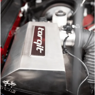 Close-up of the Torqit airbox branding – Torqit Stainless Steel Airbox (Matte Black) for Toyota Hilux 2.8L