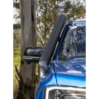 Close-up of the snorkel fitted beside the side mirror of a blue Ford Everest – Torqit Stainless Steel Snorkel (Matte Black) & Airbox for 2022+ Next-Gen Ford Everest