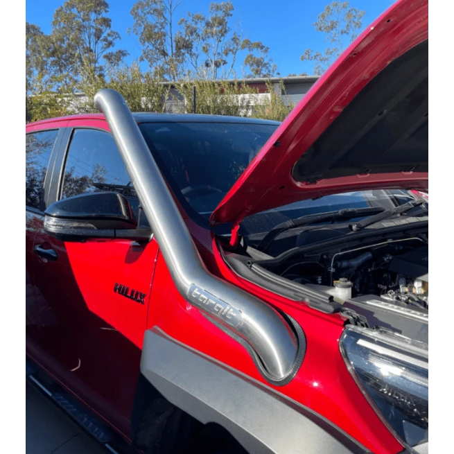 Red Toyota Hilux with bonnet open and bull bar fitted – Torqit Stainless Steel Snorkel (Matte Black) for Toyota Hilux N80 2.8L
