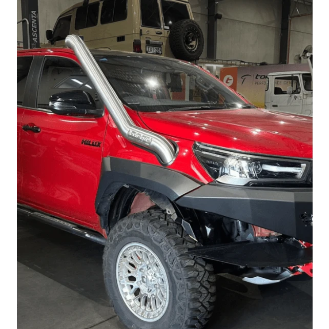 Red Toyota Hilux with off-road accessories and snorkel fitted – Torqit Stainless Steel Snorkel (Matte Black) for Toyota Hilux N80 2.8L