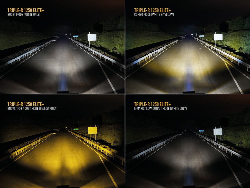 Comparison of different Triple-R 1250 Elite+ headlights on a dark road.