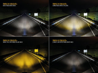 Comparison of different Triple-R 1250 Elite+ headlights on a dark road.