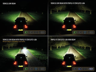 Comparison of vehicle headlights on a dark road with different light settings.