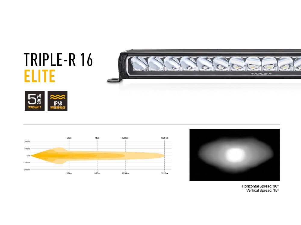 Triple-R 16 Elite LED light bar with specifications on a white background