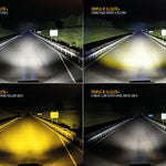 Comparison of different light modes on a vehicle's headlights at night.