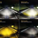 Comparison of different light modes on a vehicle's headlights at night.